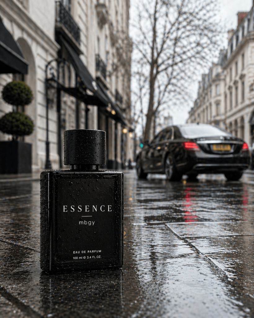 Black glass cologne bottle on a rain-soaked luxury city street with blurred vehicle background