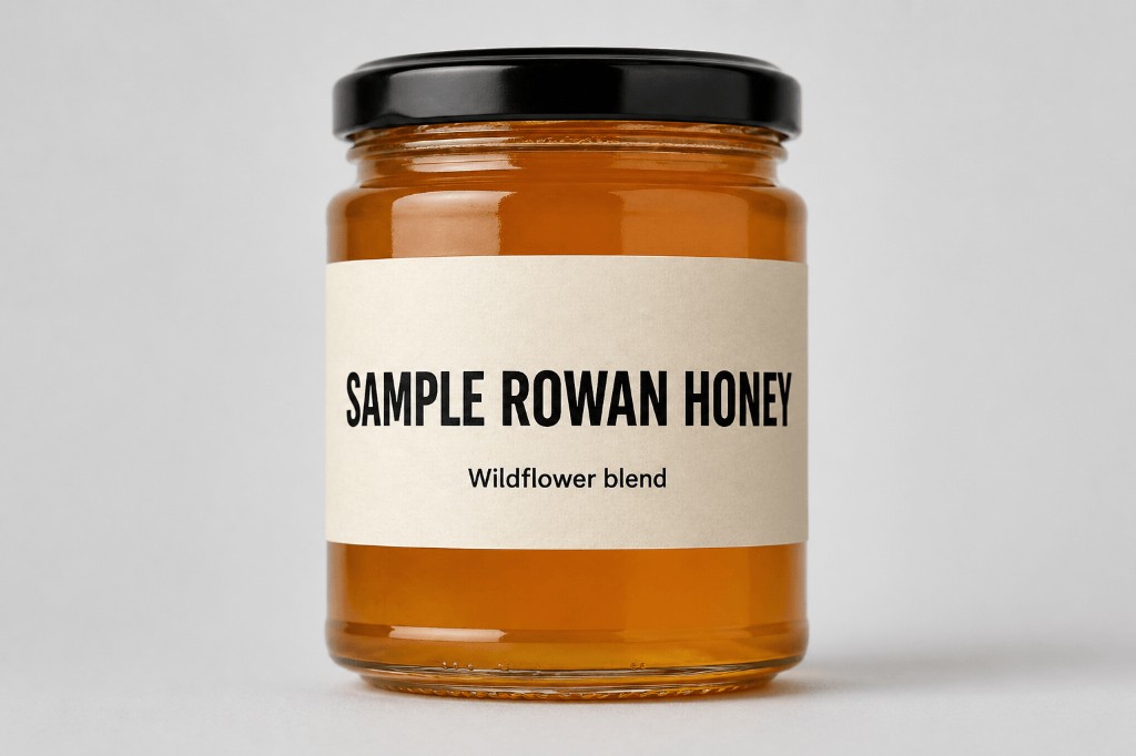 Jar product mock with SAMPLE ROWAN HONEY label and Wildflower blend subtitle